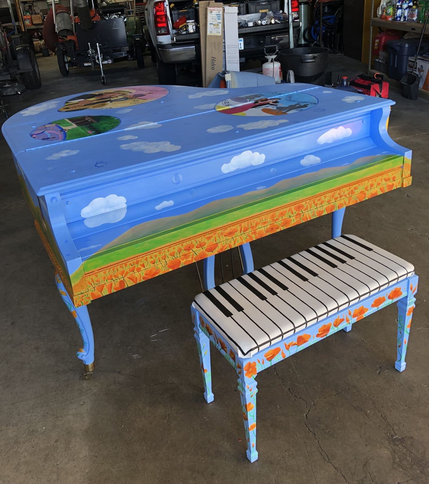 Photo of Living the Life at 500 County Center, Redwood City, CA 94063. A baby-grand community piano painted by Christine Ong-Dijcks, installed in the…
