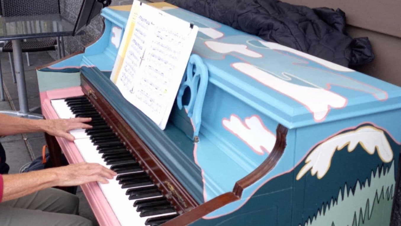 Photo of Bainbridge Town & Country Market public piano at 343 Winslow Way E, Bainbridge Island, WA 98110. Seasonal community piano outside the northeast corner of Town & Country…
