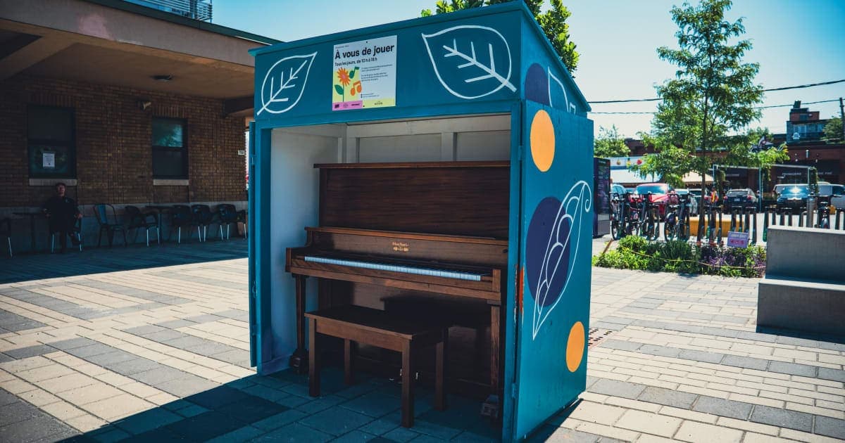 Photo of Public Piano — Marché Jean-Talon at Place du Marché-du-Nord at Avenue Casgrain and Avenue Shamrock, Montréal, QC H2S 1A1. A public piano at Marché Jean-Talon, near the…