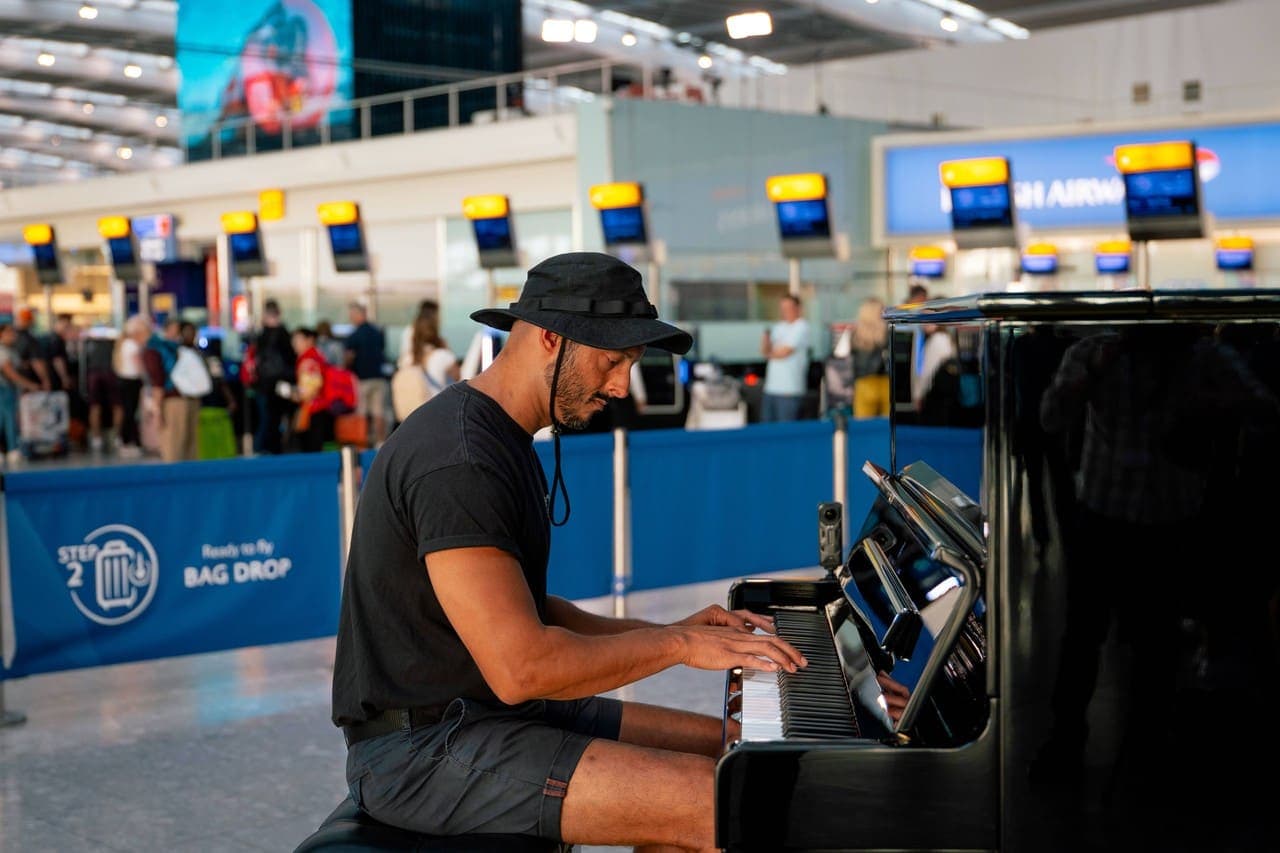 Photo of Heathrow Terminal 5 Steinway at Heathrow Terminal 5, Wallis Road, Longford, Hounslow TW6 2GA, United Kingdom. A permanently installed Steinway piano in Heathrow Terminal…