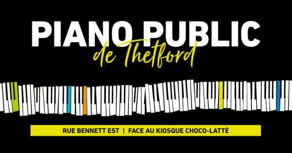 Photo of Thetford Mines public piano at Between rue Bennett E and rue Mailhot, facing Kiosque Choco-Latté, Thetford Mines QC. Gazebo beside the bike path; free, morning through…