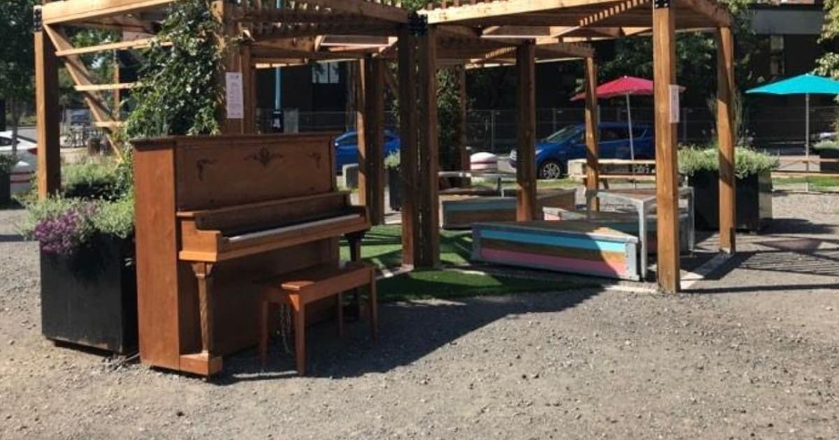 Photo of Place de la création public piano at Rue Parthenais at rue Ontario E, Montréal QC H2K 1V9. Outdoor public piano daily 10:00–18:00 in summer.