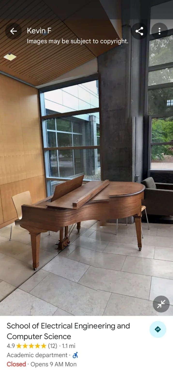 Photo of Kelley Engineering Center atrium piano at 110 SW Park Terrace, Corvallis, OR 97331. Piano in the multi-story atrium near the E-Cafe at Oregon State University. A…
