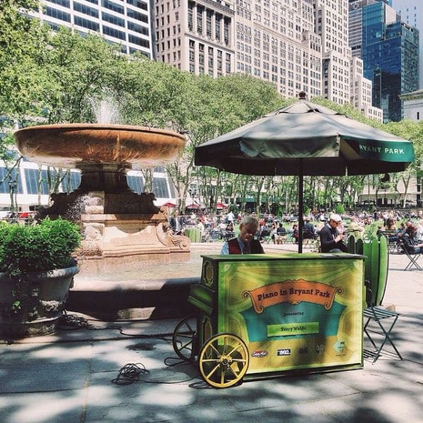 Photo of Bryant Park at Bryant Park, West 40th Street, Midtown South, Manhattan, New York County, New York, 10018, United States. Piano by the fountain today! 🍃🎹🎶
