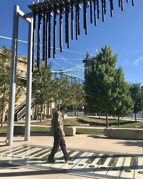 Photo of Cincinatti River Front at The Heekin Family/PNC Grow Up Great Adventure Playground, John A. Roebling Suspension Bridge, Cincinnati, Hamilton County, Ohio, 45202-2209,…